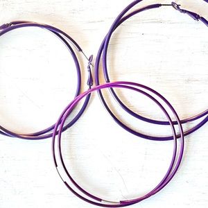 3pr Vintage Large Enamel Metal Round Thin Wire Hoop Earrings Pierced Ears Purple